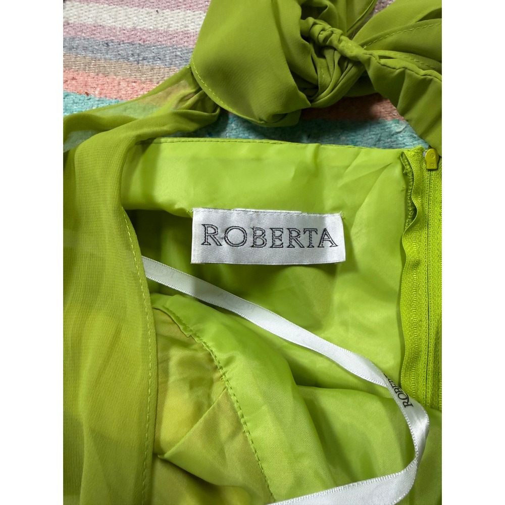 Vintage Y2K Roberta Lime Green Ruched Halter Ruffle Mini Dress Size 2–4 - Picture 3 of 5